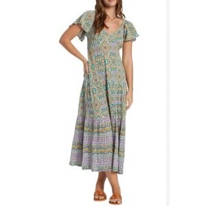 Billabong Summerside Flutter Sleeve Tiered Boho Hippie Midi‎ Dress SZ L Smocked